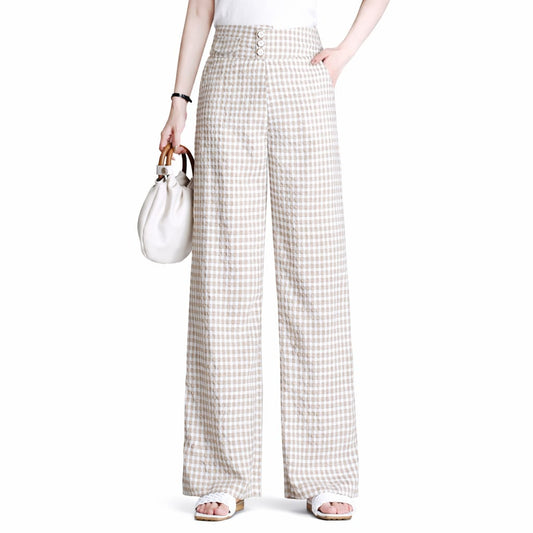 Women High Waist Checkered Wide Leg Pants