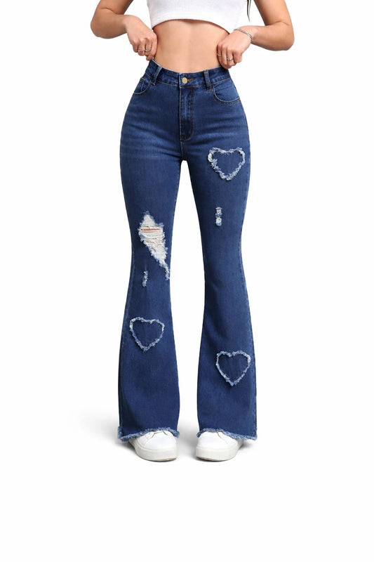 Women High Waist Distressed Flared Denim Jeans