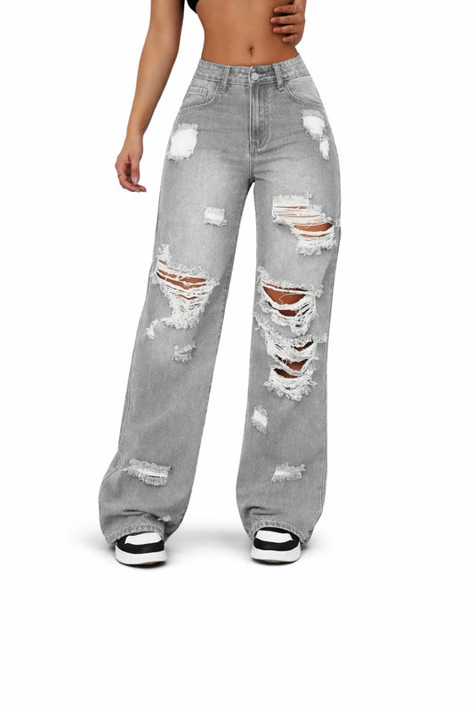 Women Ripped Straight Leg Denim Jeans
