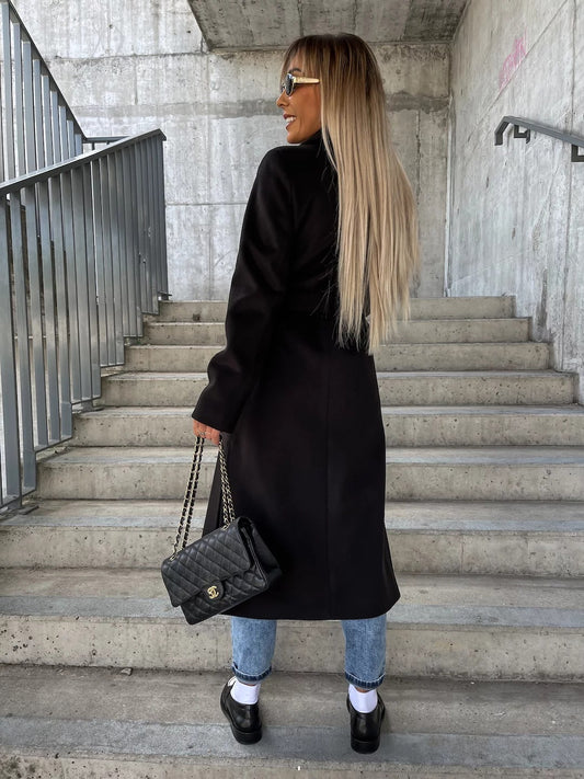 Women's Long Double Breasted Wool Blend Trench Coat - Elegant Winter Overcoat