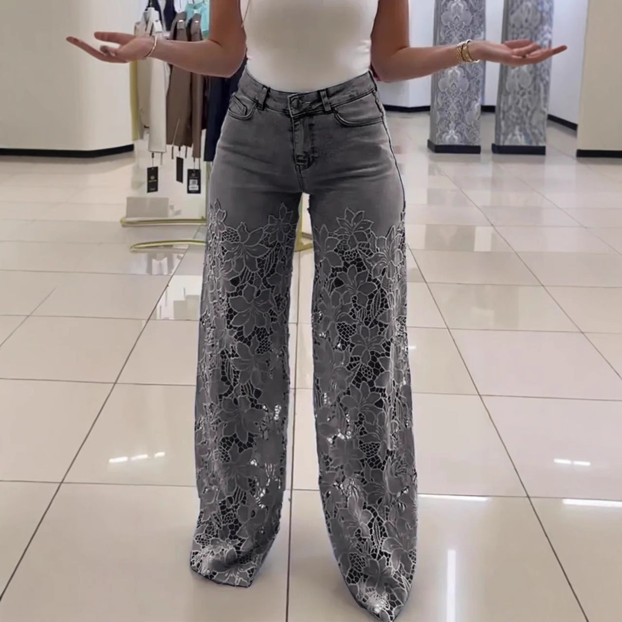 Women's High Waist Wide Leg Printed Jeans - Casual Street Style Denim Pants