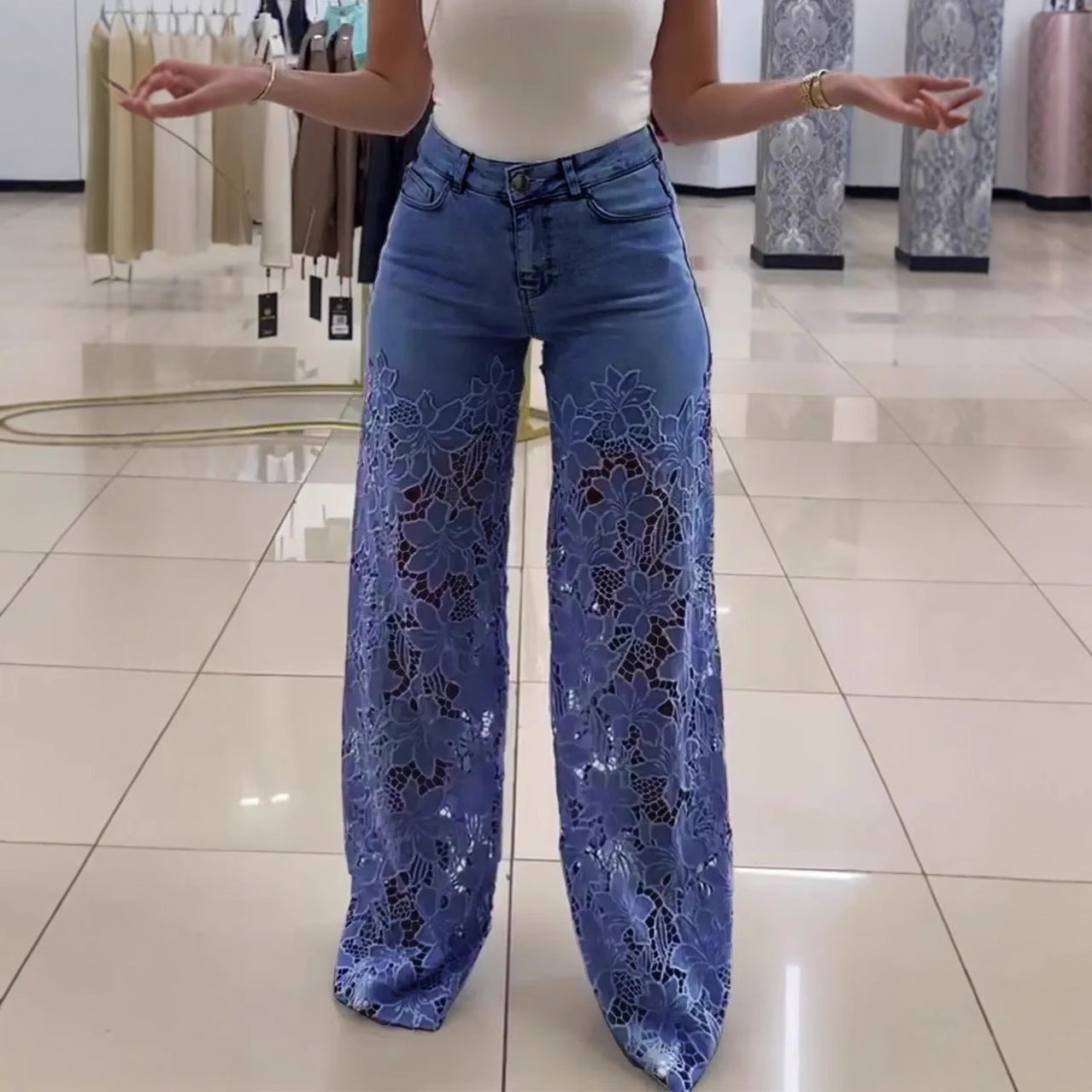 Women's High Waist Wide Leg Printed Jeans - Casual Street Style Denim Pants