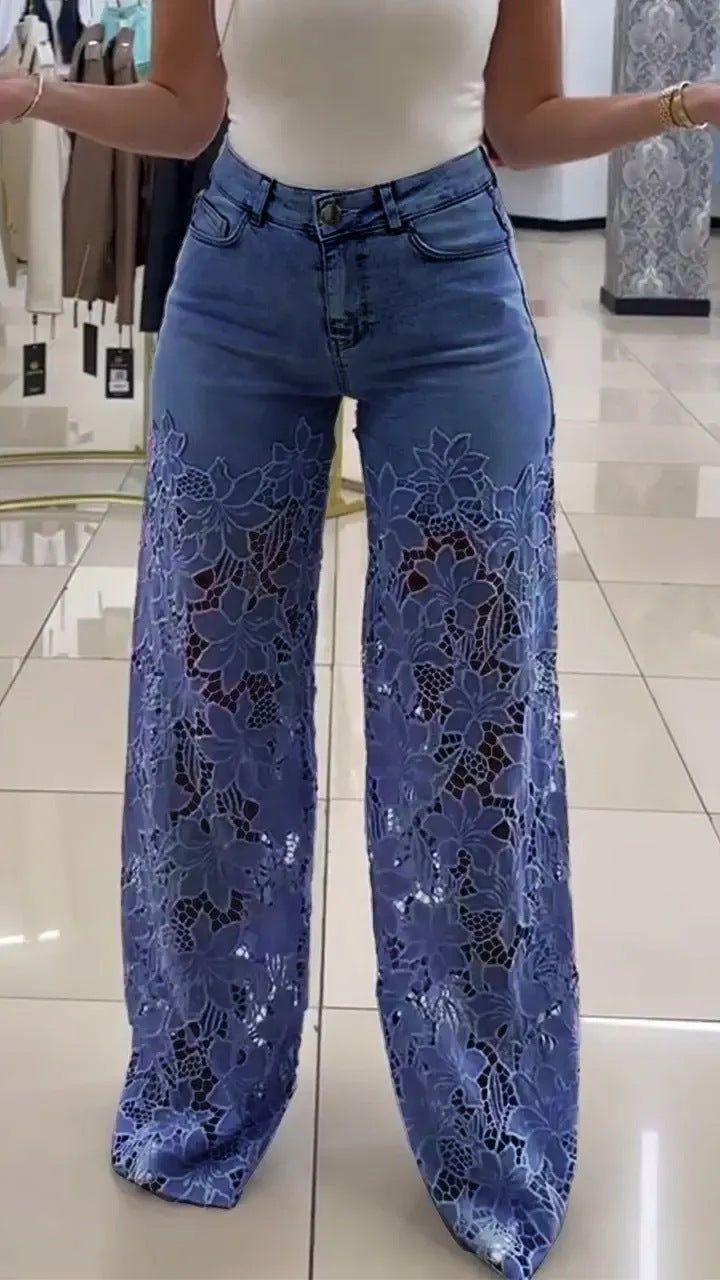 Women's High Waist Wide Leg Printed Jeans - Casual Street Style Denim Pants