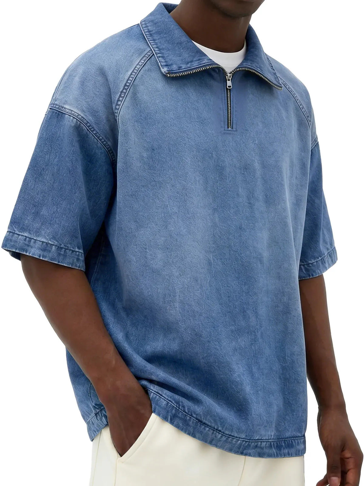 Men's Washed denim Zip Collar Casual T-Shirt