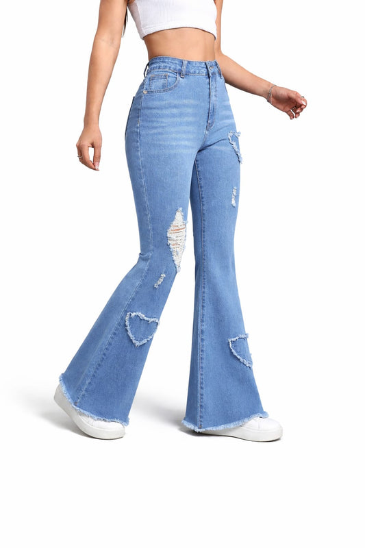 Women High Waist Distressed Flared Denim Jeans