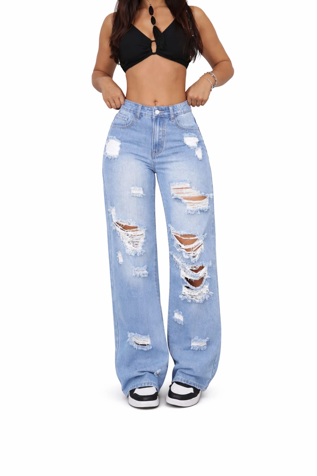 Women Ripped Straight Leg Denim Jeans