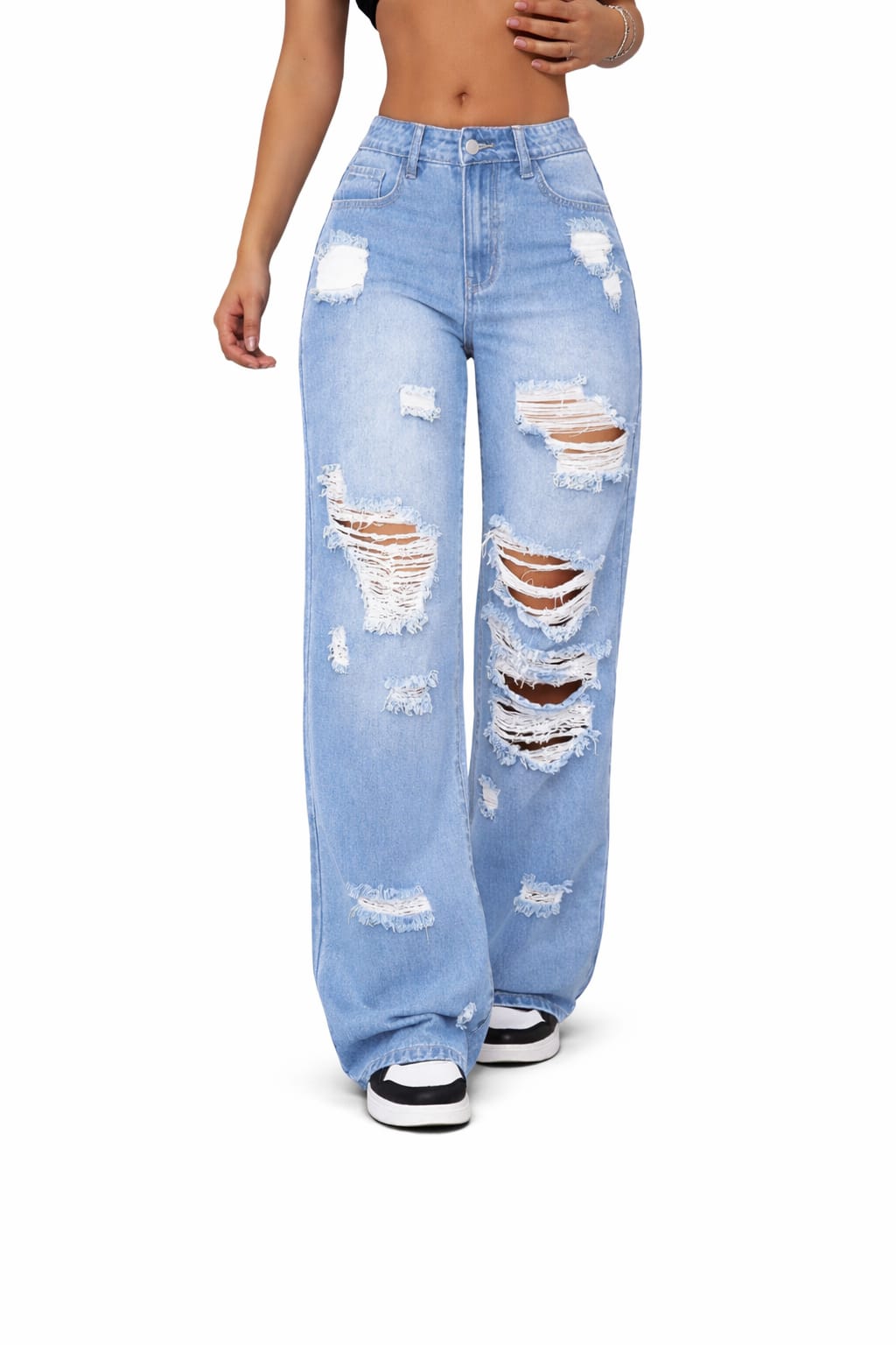 Women Ripped Straight Leg Denim Jeans