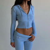 Women's Ribbed Zip-Up Crop Hoodie & High-Waist Flare Pants Set -Slim Fit Lounge Co-Ord