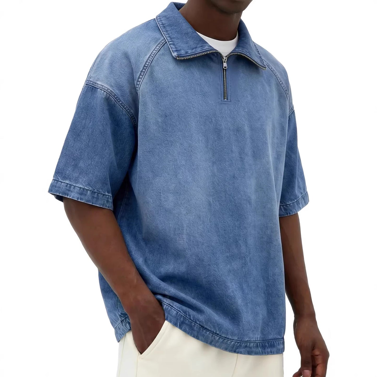 Men's Washed denim Zip Collar Casual T-Shirt